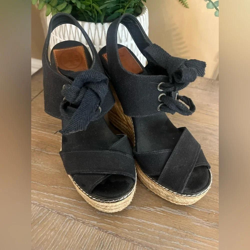 TORY BURCH Black Lace Up Canvas Espadrille Wedges Sandals Size 5